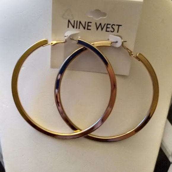 Nine West Jewelry - NINE WEST Mod Shiny Gold Smooth Flat Tube 3" Hoop Earrings**NEW!